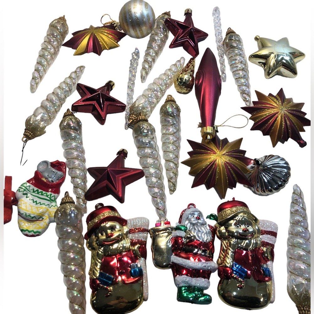 Lot of Vintage Christmas Tree Ornaments Santa Icicles Snowmen Stars
